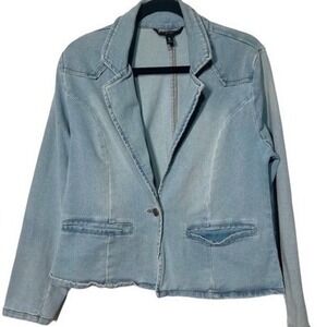 Academia‎ Tailored Y2K Denim Blazer Jacket Womens Petite Light Blue Raw Hem